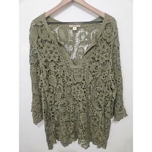 RuffHewn Olive Green Crochet Lace V-Neck Top Plus Size 3X Cotton Boho
